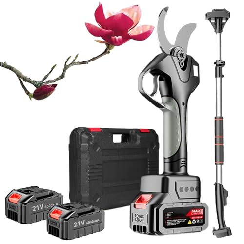 YMXEURSC Podadoras para jardinería, Tijeras de podar inalámbricas con Poste de extensión 130cm-210cm, Tijeras eléctricas con Pantalla LCD (2 Battery)