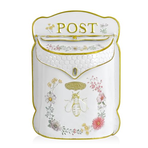 Image of Wall Mount Mailbox for Outside Vintage Mail Boxes for House Outside Metal Door Mailbox Drop Box Antique Style Nostalgic Charm Home Decorative, Bee Pattern, White