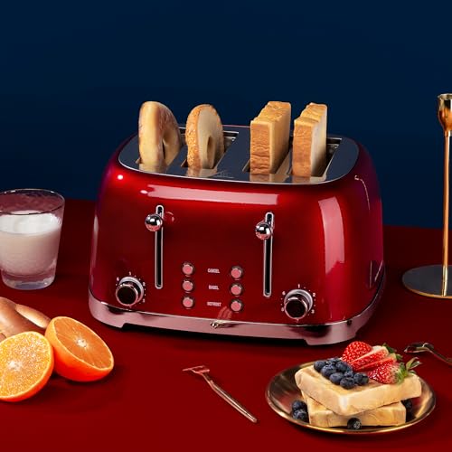 Roter Mond 4 Slice Toaster Retro Stainless Steel with Bagel Defrost Cancel Function, 6 Browning Settings, Extre Wide Slot and Removable Crumb Tray, Red, ST033 - Imagem 6