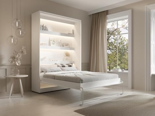 Vente-unique-Cama abatible 140 x 200 cm - Apertura Vertical Manual - con Leds - Blanco - RAPILI