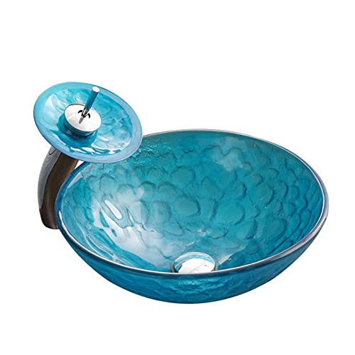 PUFAHAU Vasque De Salle De Bain Bleue, Vasque Moderne en Verre Trempé, Vasque Ronde sur Plan, Vasque avec Bonde Escamotable, Ensemble Lavabo Et...