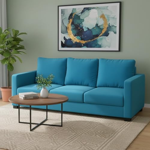 Image of FURNY Haster 3 Seater Fabric Sofa (Aqua Blue) Premium Velvet Finish Durable & Comfortable Ideal for Living Room