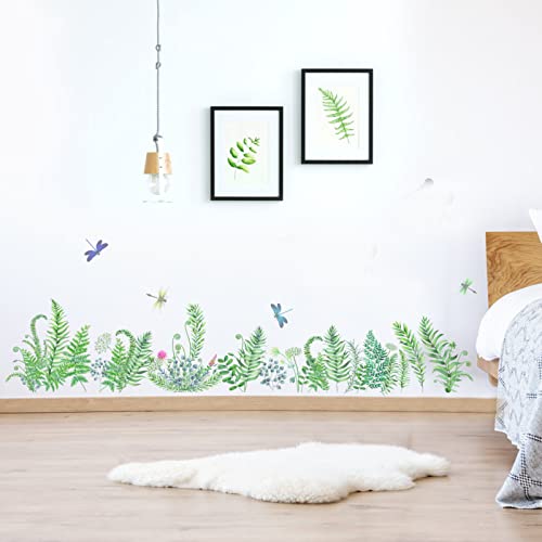 Anfigure Green Fern Plants Wall Corner Stickers Tropical Nature Leaves Dragonfly Grass Baseboard Skirting Line Botanical Wall Decals Living Room Bedroom Kitchen Wall Decor #TOP17