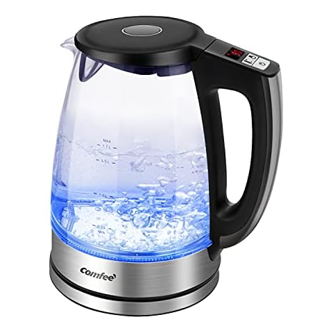 COMFEE' Glass Electric Kettle with Temperature Selection, 1.7L Hot Water Boiler BPA-Free, Cordless with LED Indicator, 2200W Fast Boil, Keep Warm Function, Auto Shut-Off and Boil-Dry Protection Cover