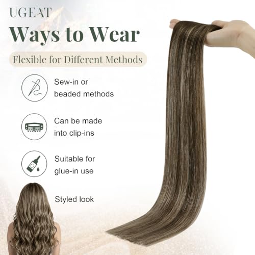 Image of Ugeat Weft Hair Extensions Human Hair, Human Hair Extensions Sew in 22 Inch 100g, Hair Weft Extensions Double Weft, Dark Brown Balayage Ash Blonde