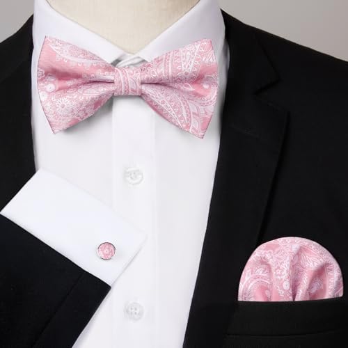 Image of HISDERN Bow Ties for Men Pretied Bow Tie Set Paisley Classic Bowties and Pocket Square Cufflinks Set for Wedding Party