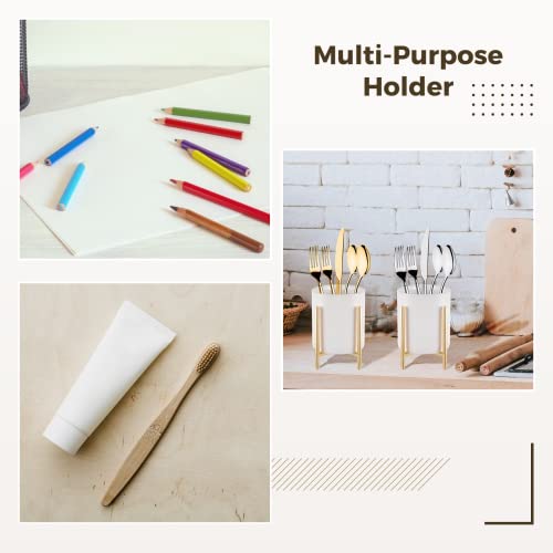 Varku 2Pcs Sturdy Cutlery Holders, White Ceramic Cup With Golden Metal Bracket, Robust Silverware Caddy, Round Utensil Crock For Countertop, Desktop Flatware Organizer For Kitchen #TOP5