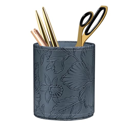 Image of Round Leather Pen Holder for Desk, Desktop Organizer,(Navy Blue)