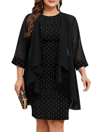 Image of ZOMVA Plus Size Sparkly Formal Dress Suit 2 Piece Mother of The Bride Groom Chiffon Jacket Outfit Cocktail Evening