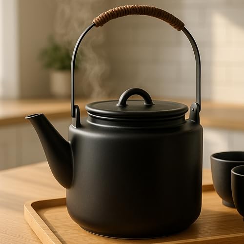 Modern Design Premium Ceramic Tea Pot(27oz)- Built-in Filter Holes-handmade, Dry Boiled-Suitable for a Wide Variety of Teas-Matte Black