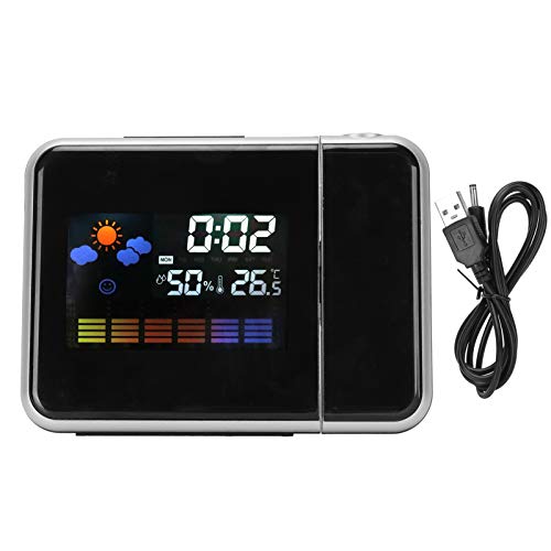 Projection Alarm Clock for Bedroom,Digital Alarm Clock with Weather Station, Indoor Thermometer Hygromete, Snooze,Perpetual Calendar,USB Charger,Dual Alarm Clocks for Bedrooms,Battery Operated (Black)