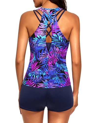 Image of 3 Piece Tankini Long Sleeve Swimsuits Athletic Rash Guard Bathing Suits | Modest,Full Coverage,High Waisted Short,Quick Dry,Criss Cross Back