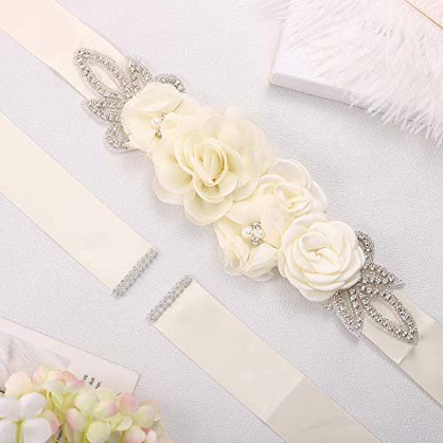 Campsis Women\'s Rhinestone Bridal Belt Ivory Flowers Maternity Sashes Crystal Floral Sash Wedding Dress Party Prom Baby Shower for Bride and Pregnancy - Thumbnail 3