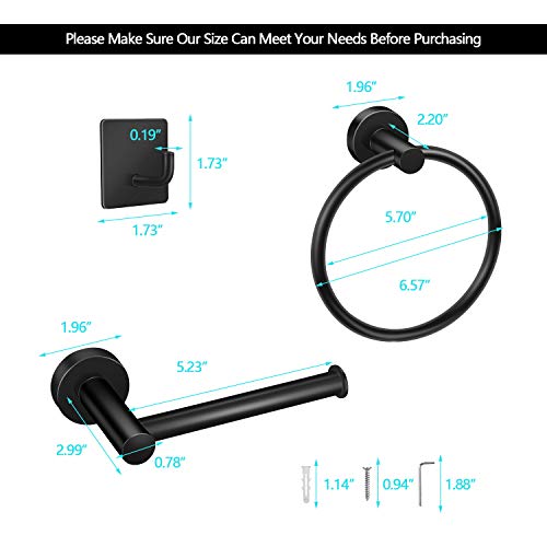 EAONE 4 Pieces Bathroom Hardware Accessories Set, 304 Stainless Steel Wall Mounted Toilet Paper Holder Towel Ring Holder and Adhesive Robe Towel Hooks, Matte Black - Thumbnail 2