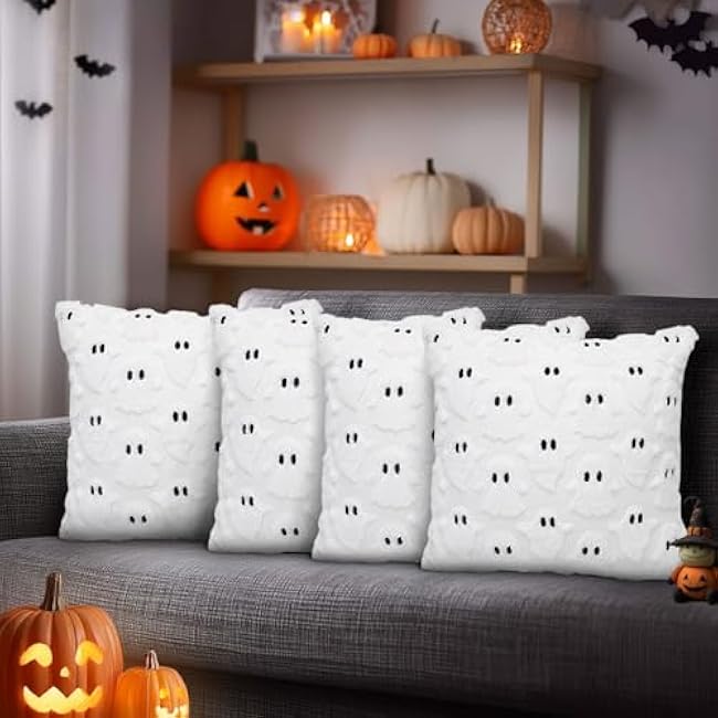 4 Pcs Halloween Ghost Decorative Pillow Covers, 18¡Á18 inches 3D White Ghost Throw Pillow Cases, Soft Plush Faux Fur Wool Couch Cushion Case for Chair Sofa Bedroom Living Room Home Decor