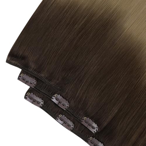Image of YoungSee Ombre Clip in Human Hair Extensions Chocolate Brown Roots to Caramel Blonde Clip on Hair Extensions for Women Brown Ombre Human Hair Extension Clip ins Rmey Hair 14in 7pcs 120g