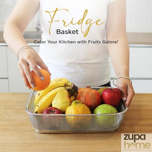 Image of Zupa Rust-Proof Stainless Steel Rectangular Strainer & Storage Basket | Multipurpose Fruit, Vegetable & Fridge Organizer (Silver) | 32 X 24 X 7 CM