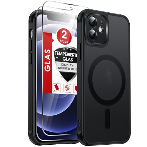 LeYi für iPhone 12 Hülle für Magsafe mit 2X Panzerglas Handyhülle Ultra Dünn Magnetisch Schutzhülle Matt Transluzent Stoßfest Case Cover i Phone 12 256gb-Schwarz