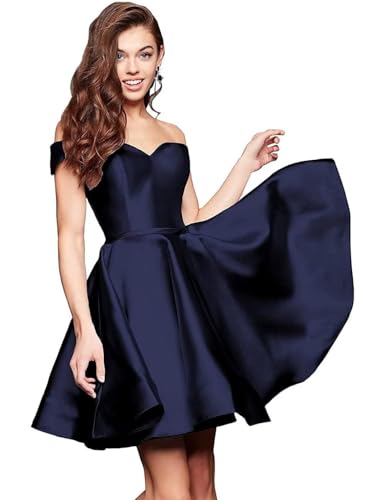 CIYUGNGJG Off Shoulder Short Prom Dress for Teens Sweet 16 Homecoming Dress Satin Sweet 8th Grade Graduation Dresses with Pockets Navy Blue