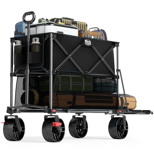 TIMBER RIDGE 400L Large Capacity Folding Double Decker Wagon with Brakes, 54' Extra Long Extender Wagon Cart, 450lbs Heavy Duty Collapsible Cart, All-Terrain Big Wheels for Camping, Sports, Shopping