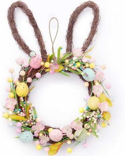 Valery Madelyn 16'' Easter Bunny Wreath for Front Door with Light...