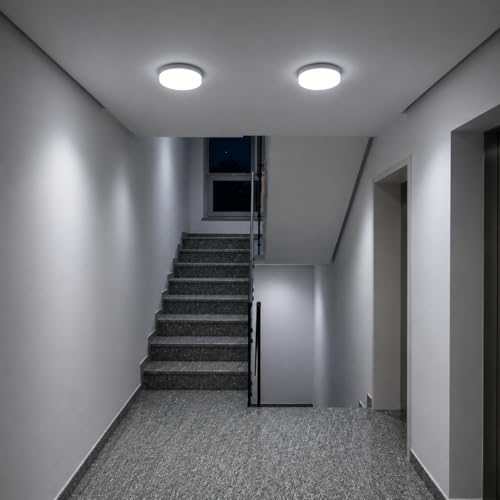 Image of OLIPS LED Bulkhead Moon Light IP54 Waterproof Indoor /Outdoor Wall & Ceiling Light - Weatherproof, Shock Proof, Slim Plastic Surface-Mounted Fixture (18 WATT Round (Cool White), 2)
