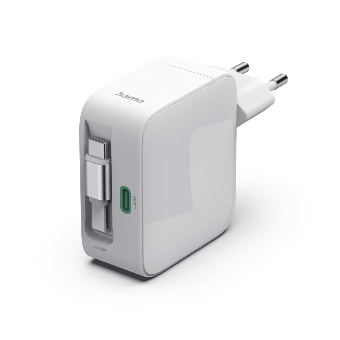Hama Caricabatterie rapido 65 W GaN, 2 x USB-C con cavo retrattile integrato (70 cm), Power Delivery & Qualcomm Quick Charge 3.0, compatto, protezione corto-circuito, ideale per PC portatile