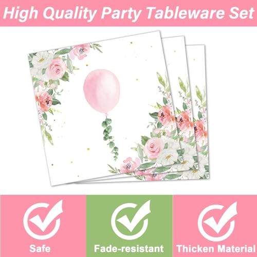 Image of 96Pcs Oh Girl Watercolor Pink Balloon Party Supplies Greenery Girl Baby Shower Tableware Set Pink Flower Party Favor Birthday Baby Shower Parties Plates and Napkins Table Decorations for 24 Guests