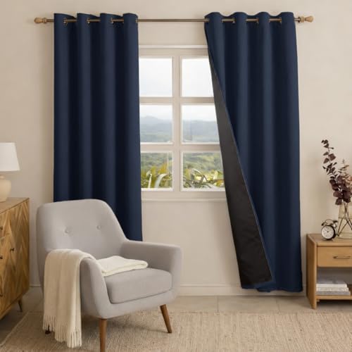 Image of HOMEMONDE 100% True Blackout Curtains 10 Feet Long Door - 1 Piece Curtain, Embossed Panels Light Block Thermal Insulated & Noise Reducing Room Darkening Curtains (Navy Blue, 120Inch)