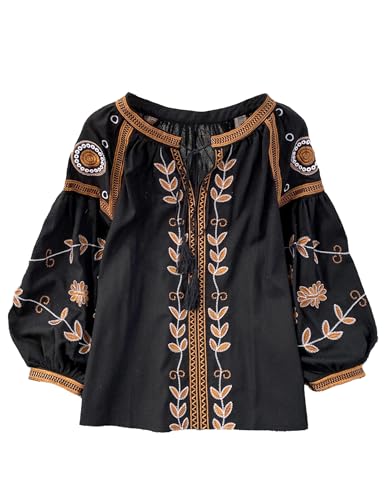 Womens Embroidered Shirt Long Sleeve Peasant Blouse Lantern Sleeve Boho Tops V Neck Loose Lightweight Casual Tunic