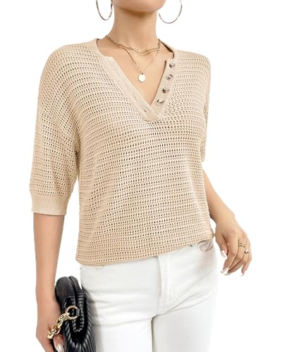 Image of Women's Hollow Out Half Sleeve Shirt Summer V Neck Knit Sweater Casual Loose Fit Pullover Top
