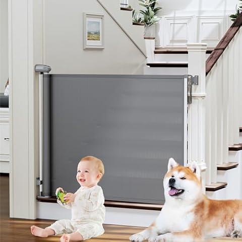 Retractable Baby Gates for Stairs, PRObebi Retractable Dog Gate Indoor Extends to 54" Wide 34" Tall, Child Gates for Doorways, Stair Gate Use for Outdoor, Hallways, Doorways, Deck, Porch Cover