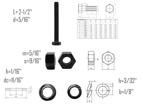 Image of LBY 8 Sets Hex Bolts Kit, 5 /16-18x2-1 /2'' Hex Head Screws Bolts (Fully Threaded), with Heavy-Duty Nuts, Flat & Lock Washers, Alloy Steel (Black)