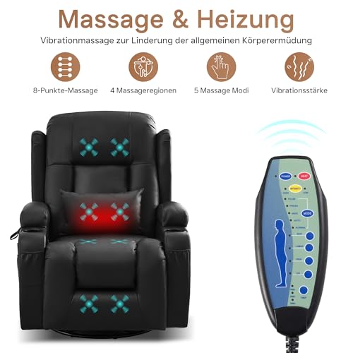 SITURAY Manuell Verstellbar Relaxsessel Fernsehsessel Massagesessel mit Liegefunktion Wippfunktion, 360° Drehbar TV Sessel mit Heizung, Kunstleder Kinosessel bis 150 kg für Wohnzimmer (2, Schwarz) – Bild 7