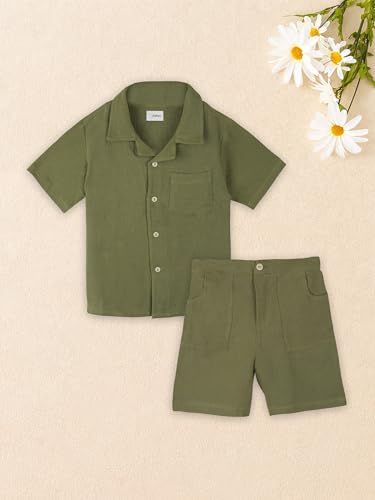 Image of Kidbea Organic Cotton Shirt & Pant Co-ord Set for Kids | Elegant & Comfortable Summer Wear | Stylish Half Sleeve Shirt with Bow & Comfy Shorts