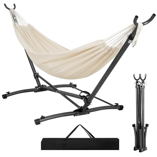 Homgava Portable Hammock with Folding Hammock Stand Heavy Duty Steel Hammock Stand for Indoor and Outdoor with Carrying Bag 3 Holes for Height Adjustment 550 LBS Weight Capacity Off White