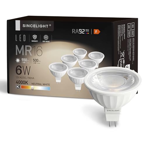SINCELIGHT MR16 12V LED Spot Reflektorlampe Ø50mm mit GU5.3-Sockel, 6W, 500 Lumen Ersetzt 50 Watt Halogenlampen, Farbwiedergabeindex RA≈92, Neutralweiß 4000K, 38°Ausstrahlungswinkel, 6er-Pack