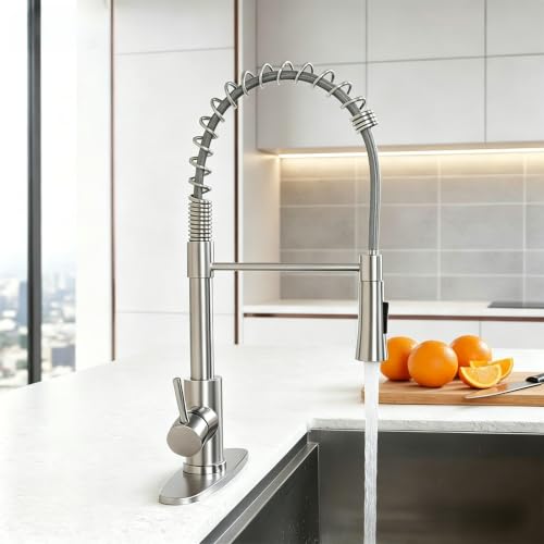 Image of KINGO HOME Kitchen Sink Faucet with Pull Down Sprayer, Brushed Nickel Stainless Steel Bar Faucet Single Handle, Commercial Pull Out Faucets for Kitchen Sink, Laundry Bar RV Camper Outdoor