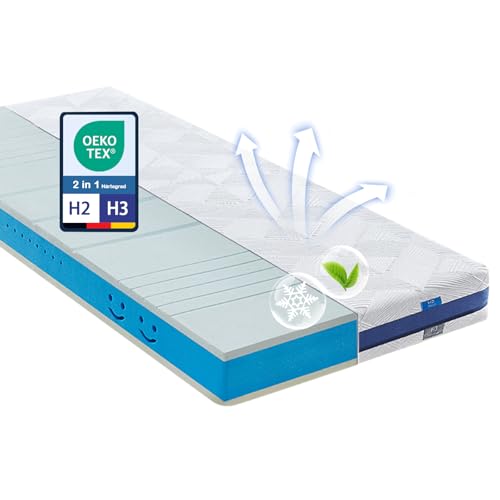 Coolux Sleep Matratze 100x200 - Ergonomische Kaltschaummatratze - 7-Zonen-Matratze H2 H3 - Oeko TEX Zertifiziert - Waschbarer Bezug - 2in1 Härtegrad Matratzen - atmungsaktiv - Höhe 18 cm