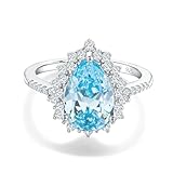 RANDES Aquamarine Rings for Women Pear Shaped Engagement Wedding Halo Ring Sterling Silver Light Blue March Birthstone Ring Promise Ring Size 8