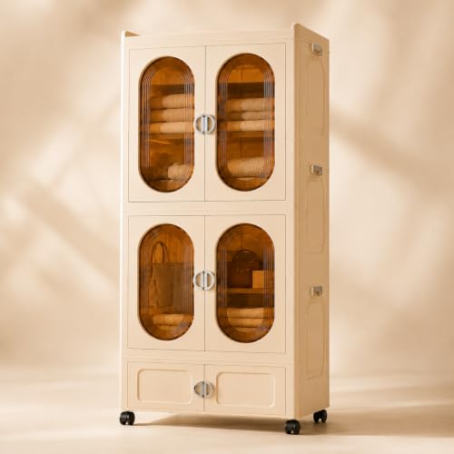 Image of KRISHYAM 3-Tier Plastic Storage Cabinet with Doors & Wheels, Translucent Amber Doors, Multipurpose Clothes Organizer for Bedroom & Home, 172 x 66 x 37 cm