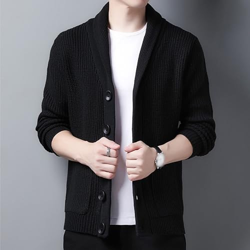 Mens Shawl Collar Cardigan Sweater Long Sleeve Button Cable Knit Men Sweaters Loose Fit Casual Ribbed Knit Cardigans (Black,X-Large)2