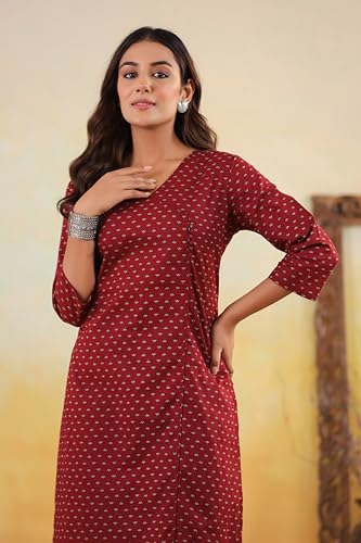 Image of Ichaa Women's Cotton Kurta | Printed Straight Kurta | V-Neck, 3 /4th Sleeve, Ethnic Wear
