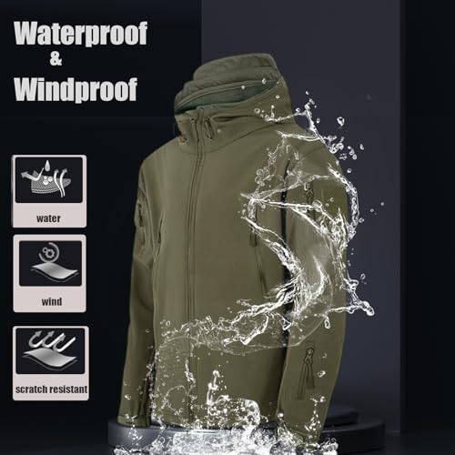 Image of Men's Tactical Fleece Lined Jacket Softshell Military Hooded 7 Pockets Windproof Outdoor Work Rain Coats Green M