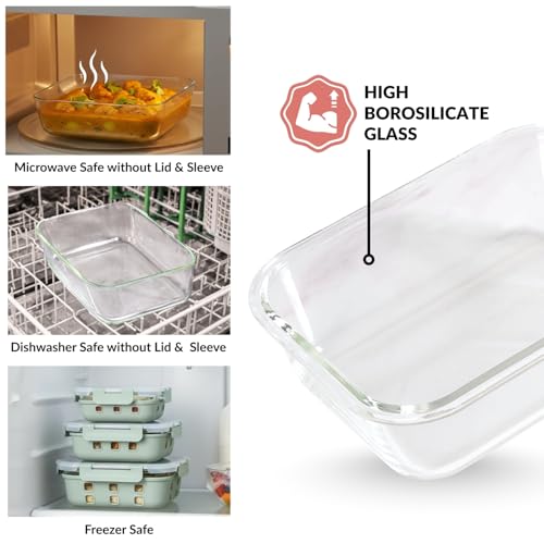 Image of Nestasia Gripso Glass Containers Set of 3 with Silicone Sleeve & Locking Lid (370ml, 600ml, 1000ml), Rectangle Food Storage Containers for Kitchen | Microwave, Dishwasher & Freezer Safe (Green)