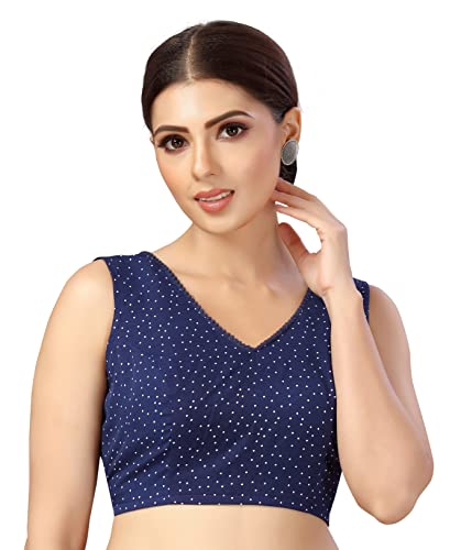 Image of Studio Shringaar Women's Readymade Polyester Navy Blue with White Dot Printed Sleeveless Saree Blouse