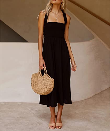 Image of Sexyshine Women's Square Neck Halter Lace Up Criss Cross Maxi Dress Tie Back Sleeveless Smocked Ruched A Line Dress