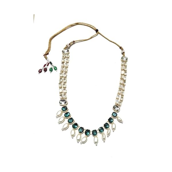 SHARVARI IMITATION JEWELLERY Two layer kundan necklace set with pearls hanging earings. - Image 4