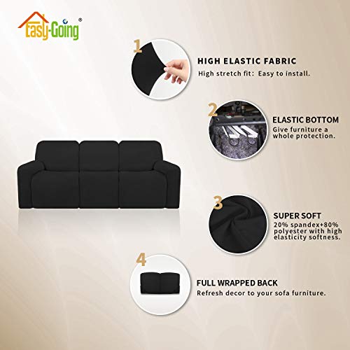 Image of Easy-Going 8 Pieces Microfiber Stretch Sectional Recliner Sofa Slipcover Soft Fitted Fleece 3 Seats Couch Cover Washable Furniture Protector with Elasticity for Kids Pet(Recliner Sofa,Black)