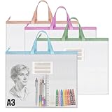 A3 Kunstmappen-Tragetasche: 4 transparente Kunststoffhüllen mit Reißverschluss, A3-Papier-Aufbewahrungstasche, wasserdichte Dokumententasche, Kunst-Portfolio-Ordner mit Taschen für Papierarbeiten